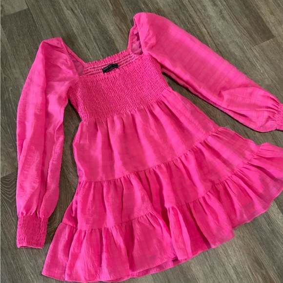 UO River Smock Long Sleeve Hot Pink Ruffle Plaid Mini Dress - OBO - Picture 2 of 9
